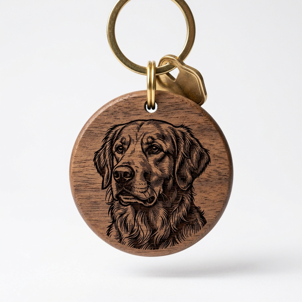 Circle Walnut Wood Pet Photo Laser Engraved Keychain