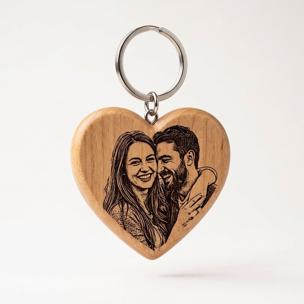 Heart Birch Wood Photo Laser Engraved Keychain