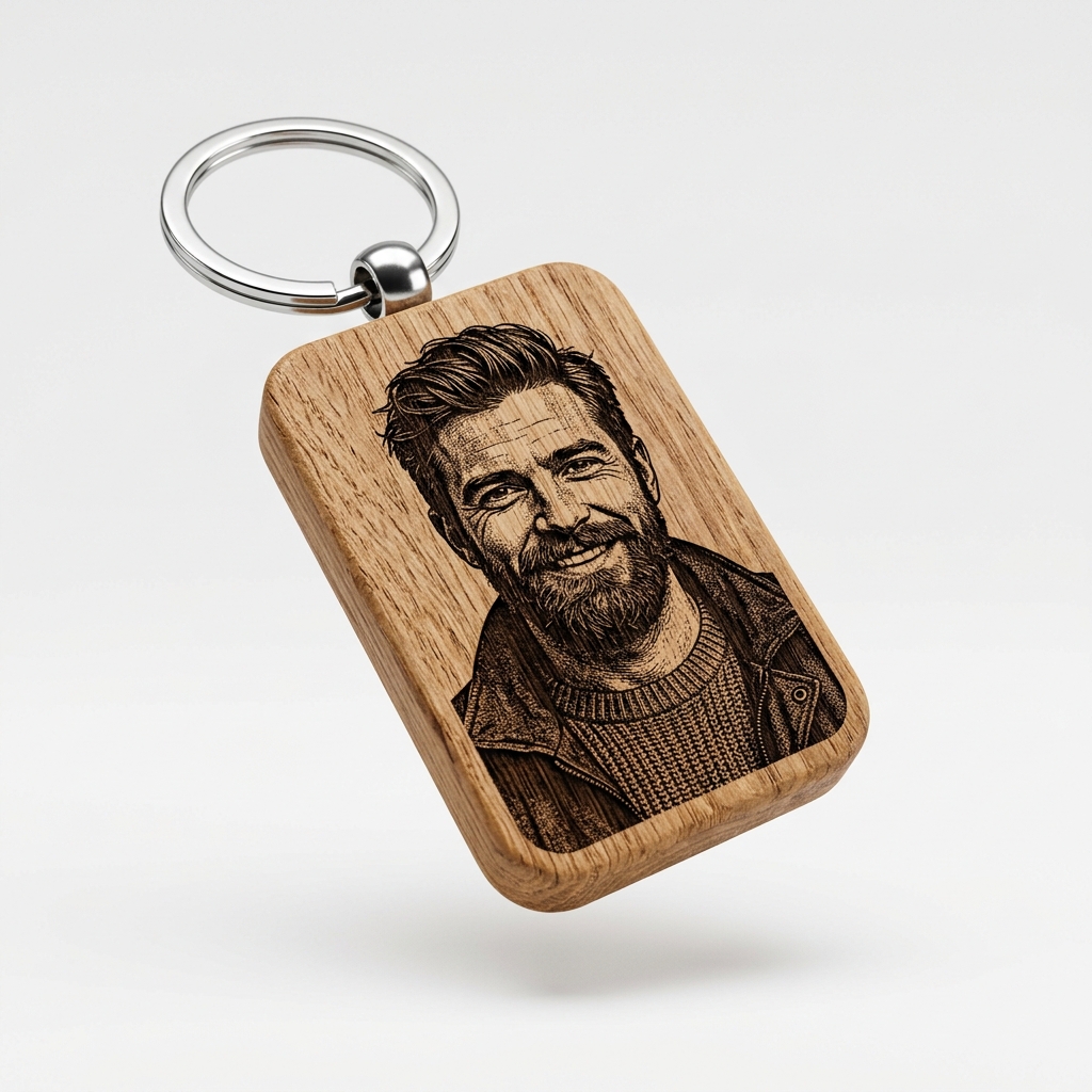 Rectangle Oak Wood Photo Laser Engraved Keychain